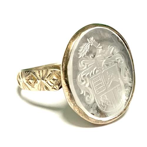 Knights Rock Crystal Engraved Seal Silver Ring image-1
