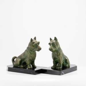 A Pair of Vintage Green Painted Spelter Scottie Dog Bookends