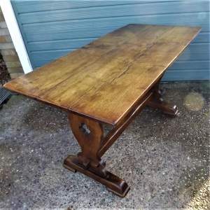18th Century Two Plank Oak Refectory Table With Gothic Revival Base
