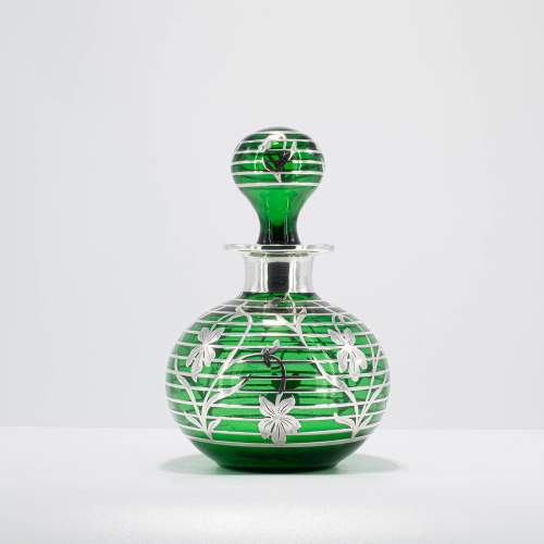 Art Nouveau Period Green Glass and Silver Overlay Scent Bottle image-1