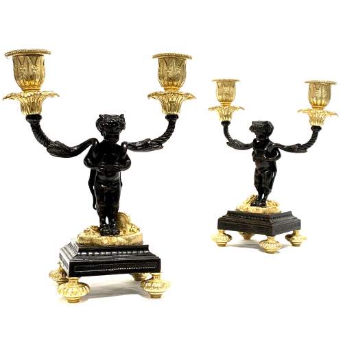 Pair of 19th Century Gilt and Patinated Bronze Putti Candlesticks image-1