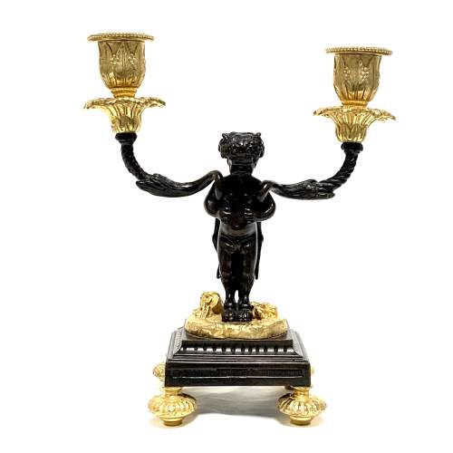 Pair of 19th Century Gilt and Patinated Bronze Putti Candlesticks image-2