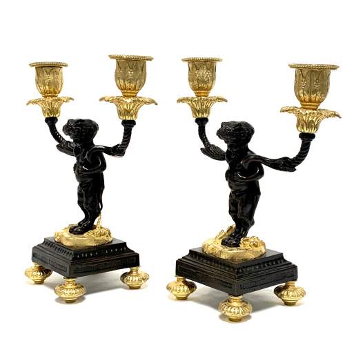 Pair of 19th Century Gilt and Patinated Bronze Putti Candlesticks image-4