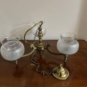 Vintage Brass Pendulum Three- Arm Light with Etched Glass Shades