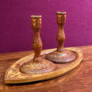 Early 20th Century Poker Work Candlesticks and Tray Set