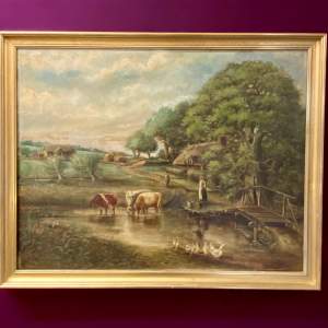 Large Edwardian A G Lovett Farmyard Oil on Canvas Painting