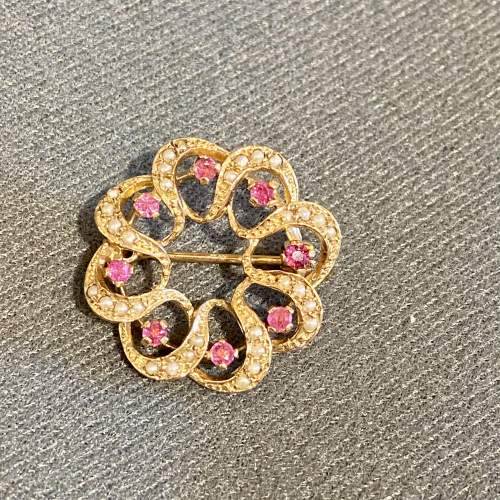 Ruby and Seed Pearl 9ct Gold Brooch image-1