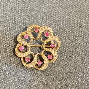 Ruby and Seed Pearl 9ct Gold Brooch