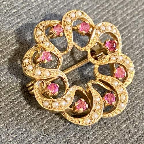 Ruby and Seed Pearl 9ct Gold Brooch image-2