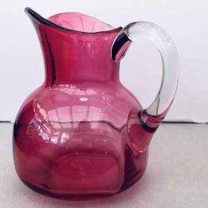 Vintage Cranberry Glass Hand Blown Glass Jug with Clear Handle