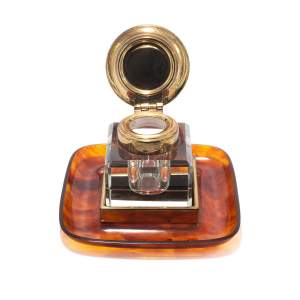 A Vintage Faux Tortoiseshell and Cut Glass Inkwell on Stand