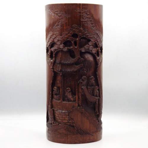 Chinese Antique Qing Dynasty Carved Bamboo Brush Pot image-1