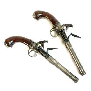 Pair of 22 Bore Silver Mounted Flintlock Pistols