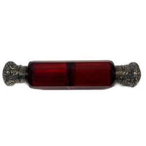 Victorian Cranberry Glass & Silver Smelling Salt Perfume Bottle