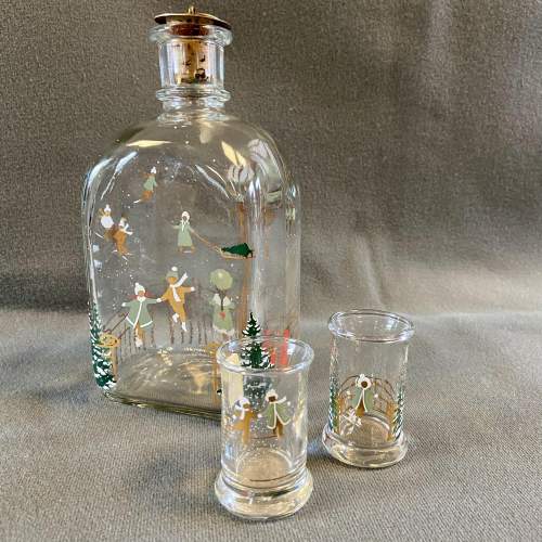 Vintage Danish Holmegaard Christmas Flask and Shot Glasses image-1