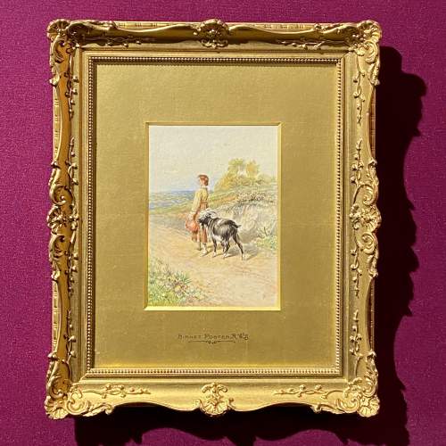 Watercolour of a Young Girl With Goat by Myles Birkitt Foster RWS image-1