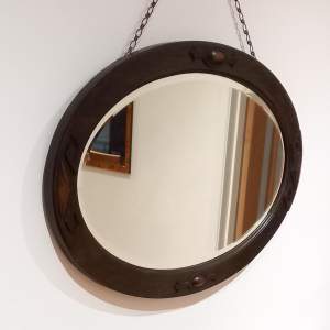 Art Deco Oak Framed Bevelled Mirror on Chain