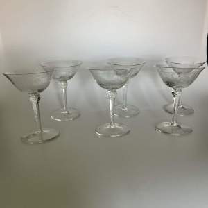 1930s Set of 6 Etched Glass Champagne Coupes