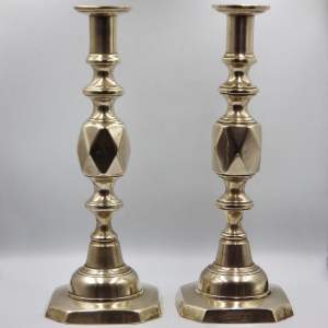 The Queen of Diamonds Pair of Antique Victorian Brass Candlesticks
