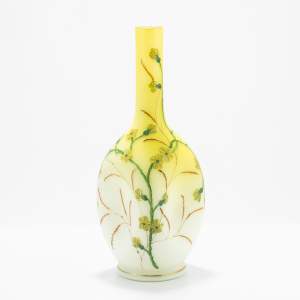 An Antique Ovoid Yellow Glass Vase with Enamelled Flowers