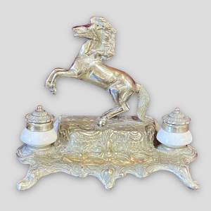 French Polished Brass and Porcelain Double Inkwell