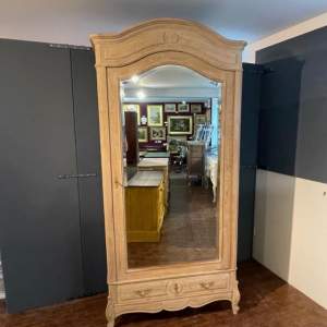 Antique French Rustic Oak Single Door Mirrored Napoleon Top Armoire
