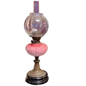 Fine Victorian Cranberry Satin Glass Oil Lamp