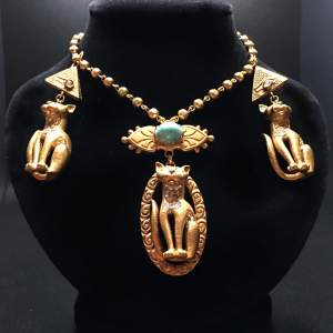 Vintage Rare Askew Bastet Cat Necklace and Earring Set