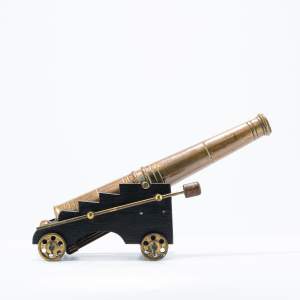 Antique Bronze Model Cannon on Wooden Limber