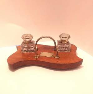 Edwardian Mahogany and Brass Two Bottle Desk Inkstand