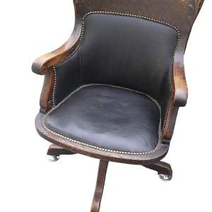 Antique Edwardian Studded Oak Office Swivel Chair