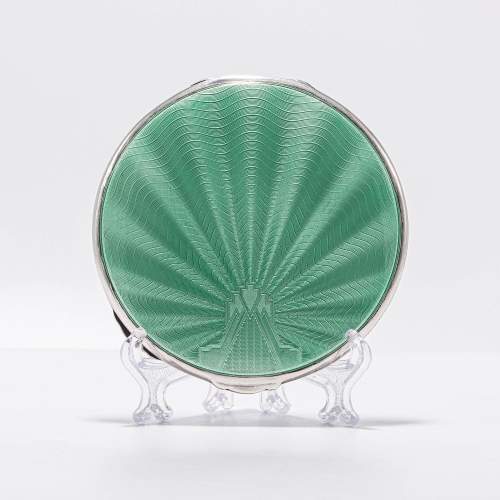 Large Sterling Silver and Green Guilloche Enamel Compact image-1