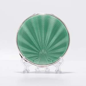 Large Sterling Silver and Green Guilloche Enamel Compact