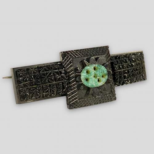 Victorian Whitby Jet and Jade Brooch image-1