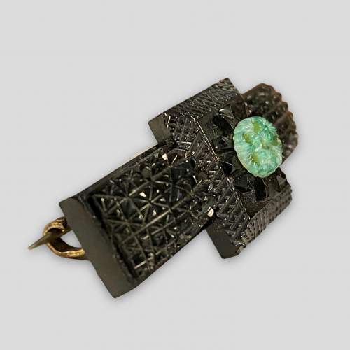 Victorian Whitby Jet and Jade Brooch image-2