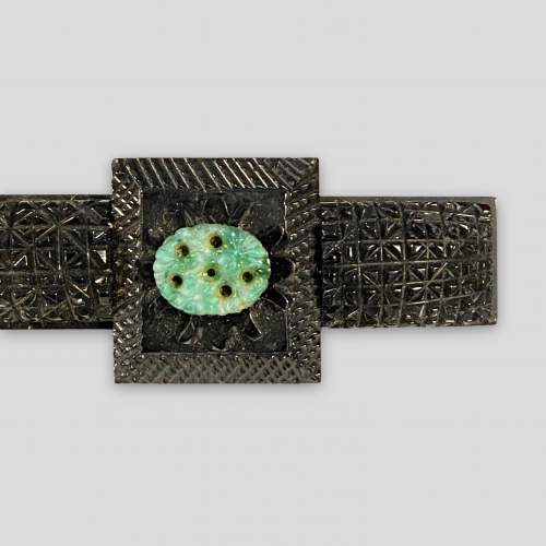 Victorian Whitby Jet and Jade Brooch image-3
