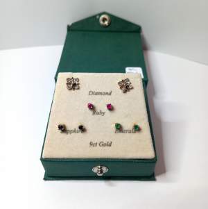 4 Pairs Interchangeable Gold Diamond Ruby Sapphire and Emerald Earrings