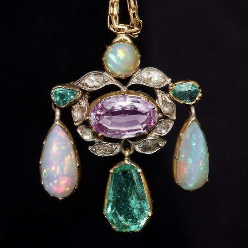 Stunning Victorian Opal Emerald Diamond and Topaz Necklace image-1