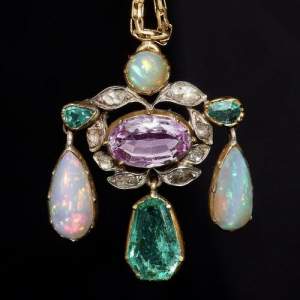 Stunning Victorian Opal Emerald Diamond and Topaz Necklace