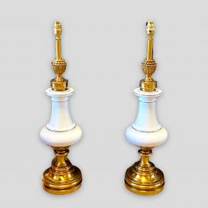 Pair of White Porcelain and Brass Plated Lamps