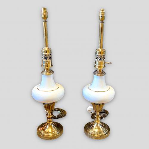 Pair of 20th Century Brass Plated and Porcelain Lamps image-1