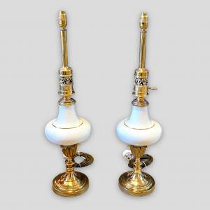 Pair of 20th Century Brass Plated and Porcelain Lamps