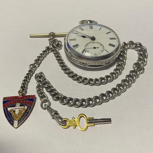 1886 Silver Fusee Pocket Watch with Albert Fob and Key image-1