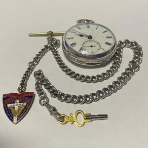 1886 Silver Fusee Pocket Watch with Albert Fob and Key