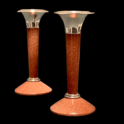 Rare 1970s Pair of Goldstone and Silver Candlesticks image-1