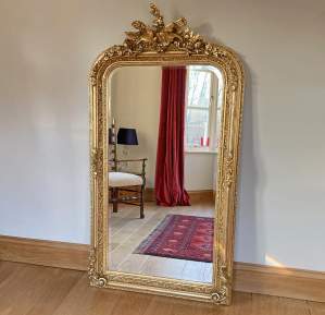Gilt Wood Bevelled Glass Mirror with Frieze of Birds and Flora