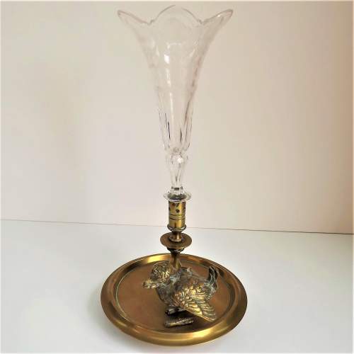 Edwardian Brass Bird Based & Etched Glass Specimen Flute Vase image-1