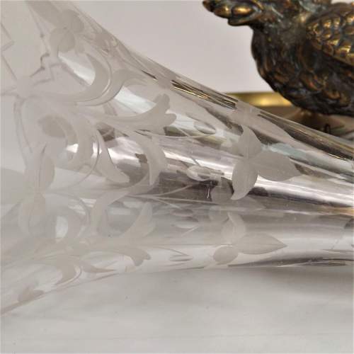 Edwardian Brass Bird Based & Etched Glass Specimen Flute Vase image-4