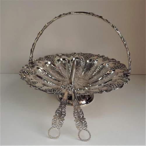 Impressive Edwardian Silver Plate Table Grape Basket & Scissors image-2