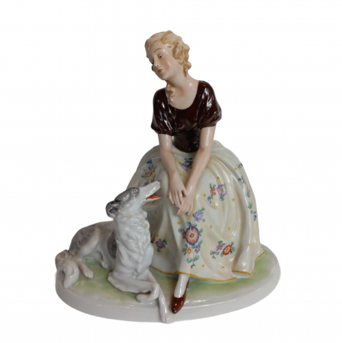 1920's Very Good Quality European Ceramic Lady and Dog image-1